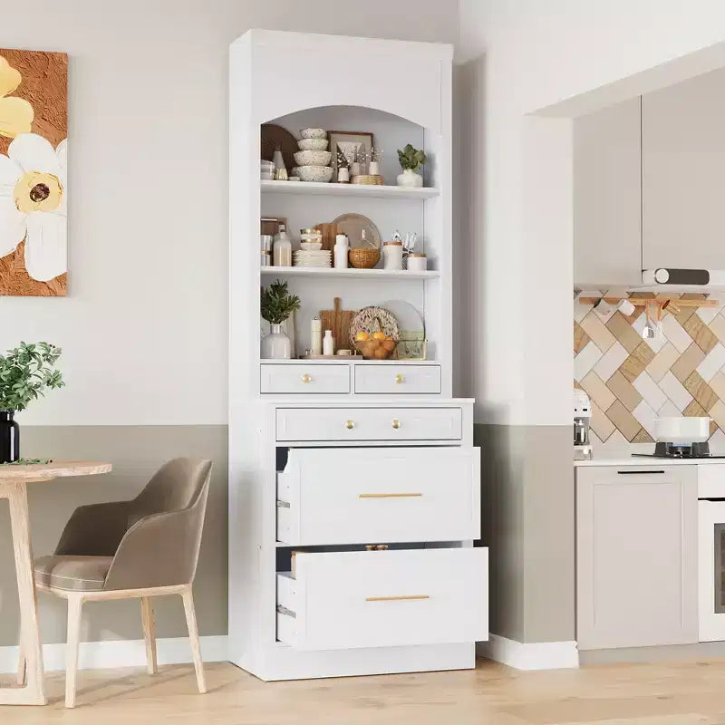 Dispensa da Cucina Autoportante da 212,6 cm con Top Effetto Marmo, 5 Cassetti e Ripiani