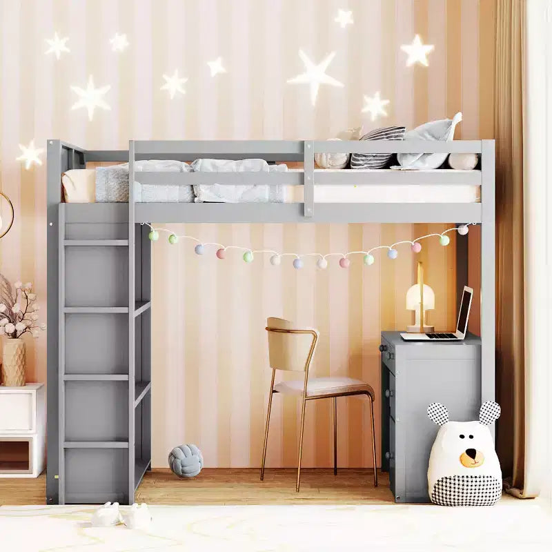 Letto a soppalco una piazza e mezza/matrimoniale con scaletta, mensole e scrivania con cassetti - ModernLuxe