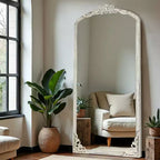 Specchio a figura intera in legno massiccio intagliato a fiore con angoli retti leggermente curvi, bianco anticato, 170x70x2cm (senza supporto)