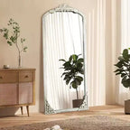 Specchio a figura intera in legno massiccio intagliato a fiore con angoli retti leggermente curvi, bianco anticato, 170x70x2cm (senza supporto)