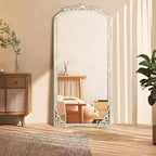 Specchio a figura intera in legno massiccio intagliato a fiore con angoli retti leggermente curvi, bianco anticato, 170x70x2cm (senza supporto)
