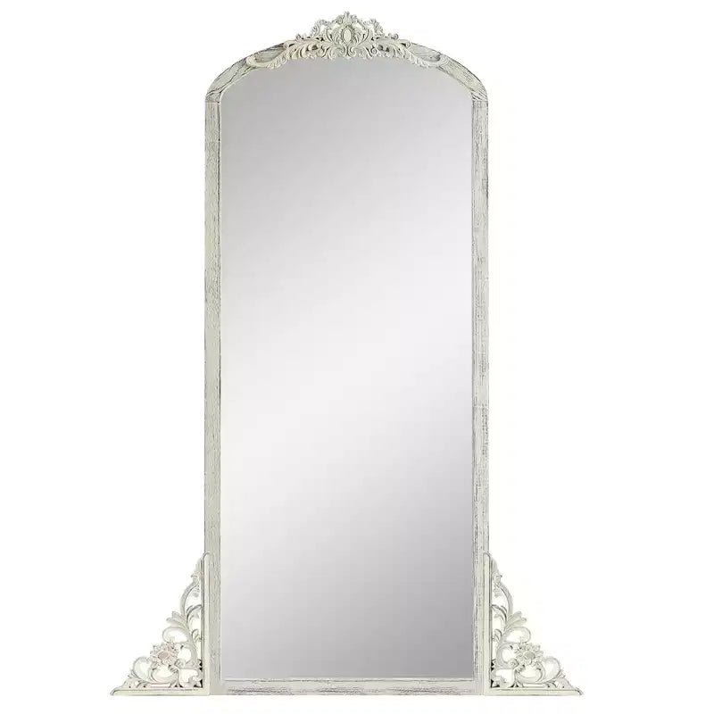 Specchio a figura intera in legno massiccio intagliato a fiore con angoli retti leggermente curvi, bianco anticato, 170x70x2cm (senza supporto)