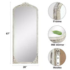 Specchio a figura intera in legno massiccio intagliato a fiore con angoli retti leggermente curvi, bianco anticato, 170x70x2cm (senza supporto)
