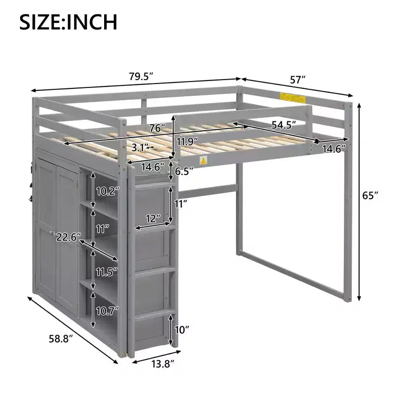 Letto a soppalco a grandezza naturale con armadio integrato, mensole portaoggetti e luce a LED, in legno di pino