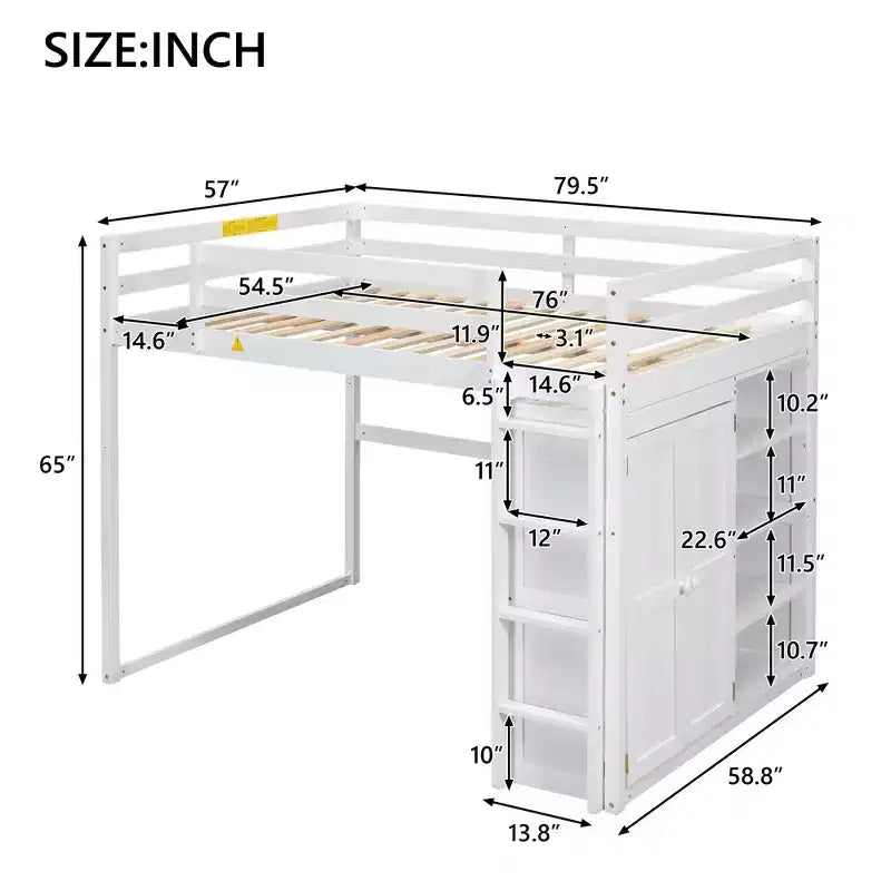 Letto a soppalco a grandezza naturale con armadio integrato, mensole portaoggetti e luce a LED, in legno di pino