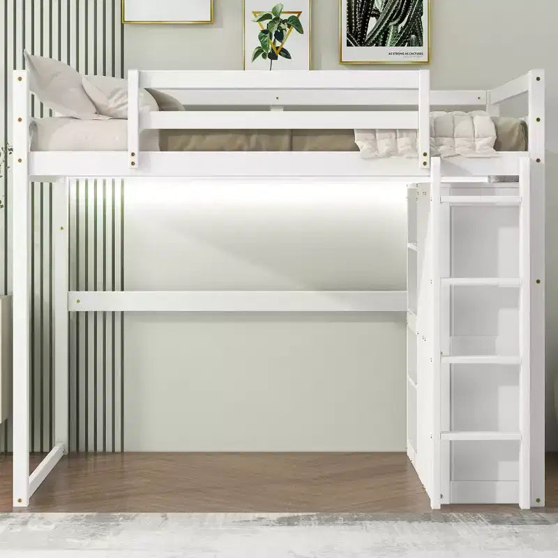 Letto a soppalco a grandezza naturale con armadio integrato, mensole portaoggetti e luce a LED, in legno di pino