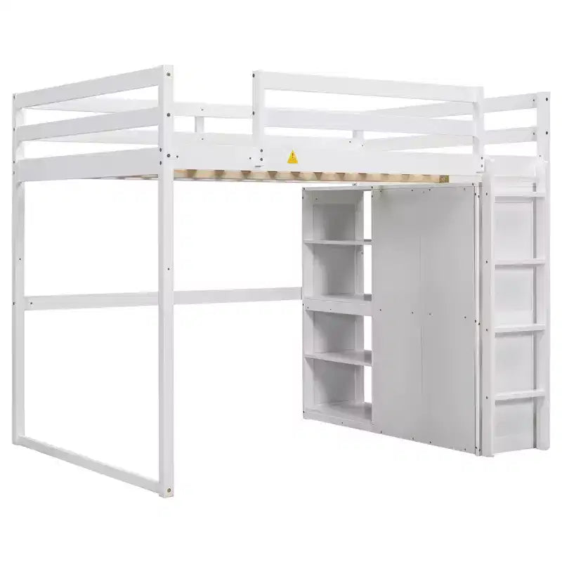 Letto a soppalco a grandezza naturale con armadio integrato, mensole portaoggetti e luce a LED, in legno di pino