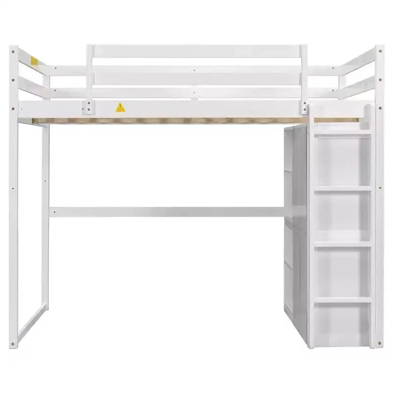 Letto a soppalco a grandezza naturale con armadio integrato, mensole portaoggetti e luce a LED, in legno di pino