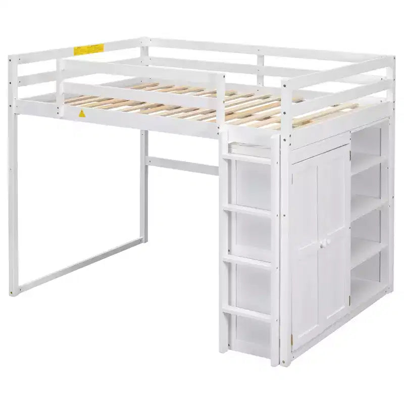 Letto a soppalco a grandezza naturale con armadio integrato, mensole portaoggetti e luce a LED, in legno di pino