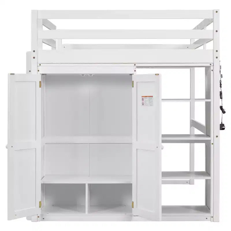 Letto a soppalco a grandezza naturale con armadio integrato, mensole portaoggetti e luce a LED, in legno di pino