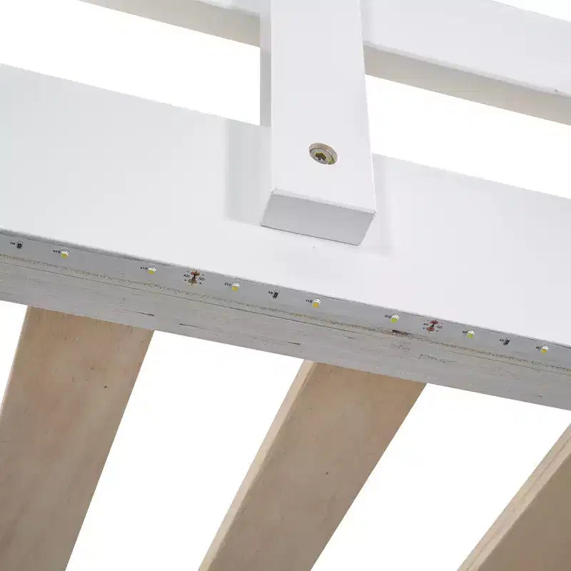 Letto a soppalco a grandezza naturale con armadio integrato, mensole portaoggetti e luce a LED, in legno di pino