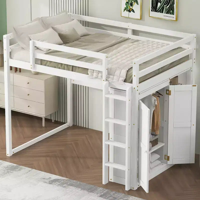 Letto a soppalco a grandezza naturale con armadio integrato, mensole portaoggetti e luce a LED, in legno di pino