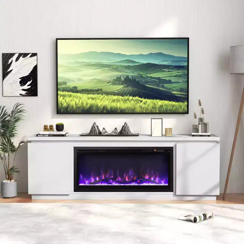 Mobile TV con camino per TV fino a 80", Camino elettrico, 3 ripiani regolabili