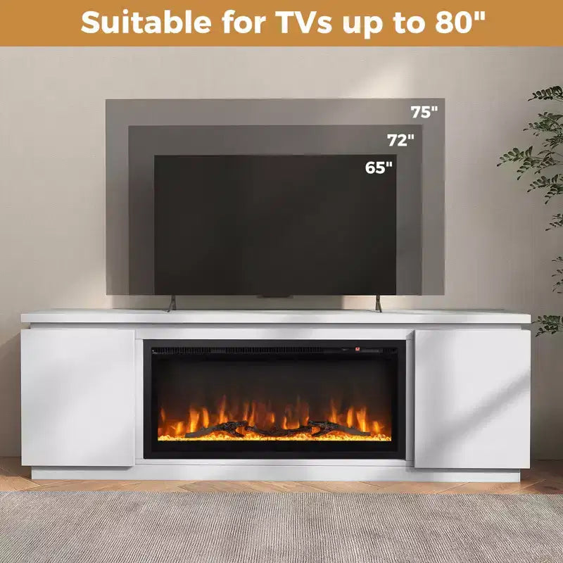 Mobile TV con camino per TV fino a 80", Camino elettrico, 3 ripiani regolabili