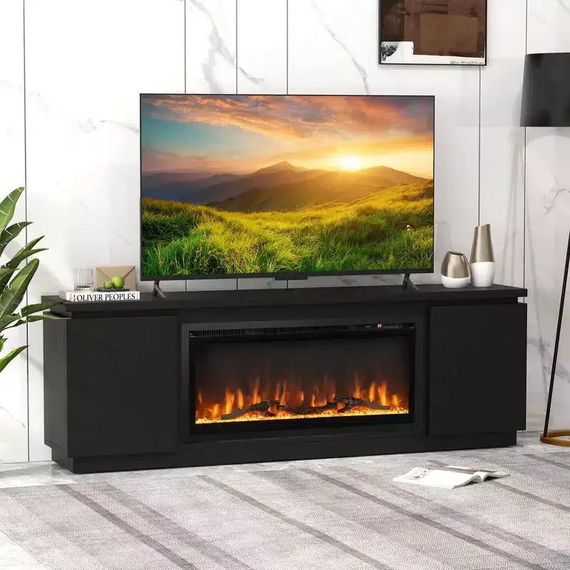 Mobile TV con camino per TV fino a 80", Camino elettrico, 3 ripiani regolabili