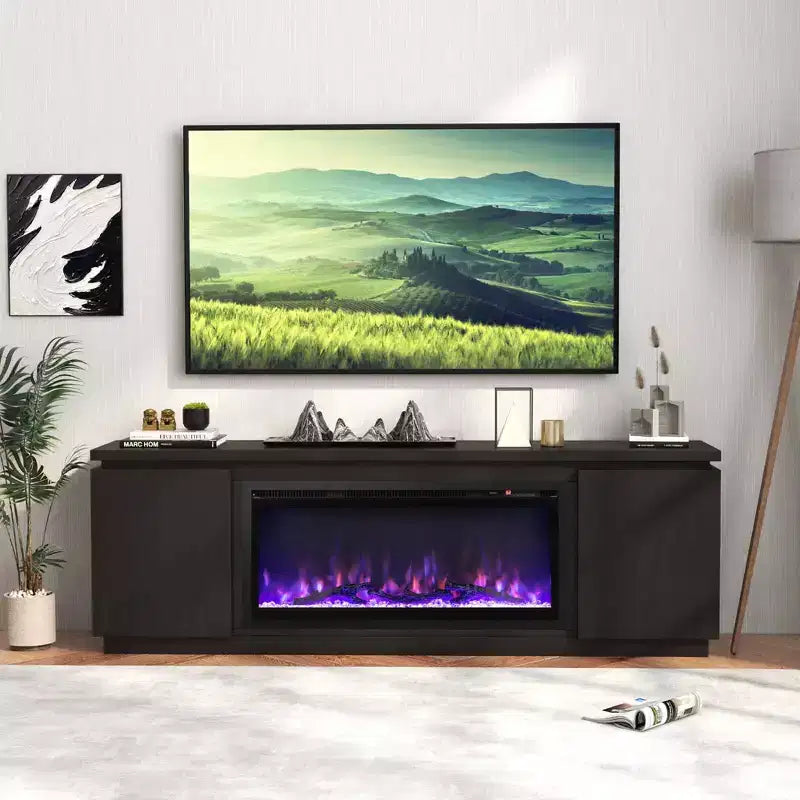 Mobile TV con camino per TV fino a 80", Camino elettrico, 3 ripiani regolabili