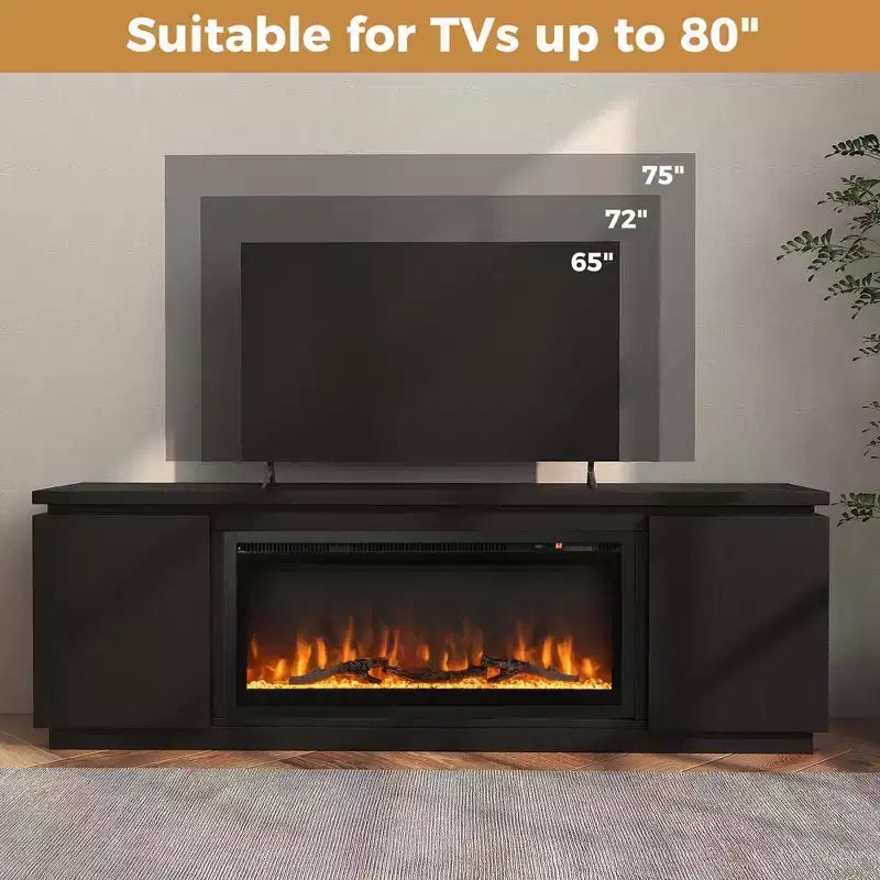 Mobile TV con camino per TV fino a 80", Camino elettrico, 3 ripiani regolabili