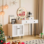 Toeletta Trucco con Specchio Rotondo a LED, 3 Cassetti e Presa di Corrente, Bianco, 127 cm L