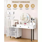 Toeletta Trucco con Specchio Rotondo a LED, 3 Cassetti e Presa di Corrente, Bianco, 127 cm L
