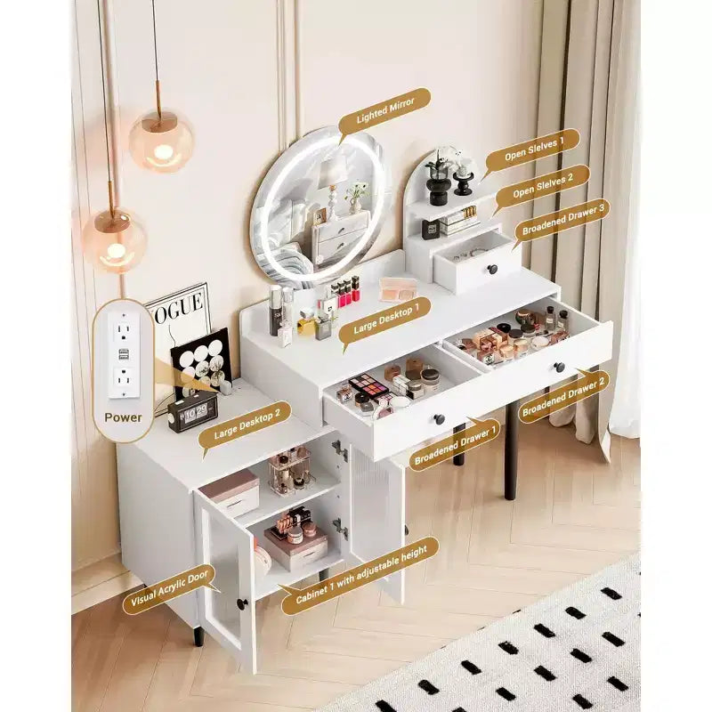 Toeletta Trucco con Specchio Rotondo a LED, 3 Cassetti e Presa di Corrente, Bianco, 127 cm L