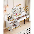 Toeletta Trucco con Specchio Rotondo a LED, 3 Cassetti e Presa di Corrente, Bianco, 127 cm L