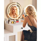 Toeletta Trucco con Specchio Rotondo a LED, 3 Cassetti e Presa di Corrente, Bianco, 127 cm L