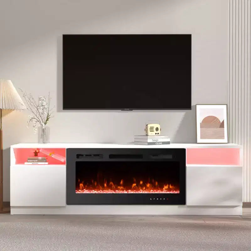 Mobile TV da 70" con caminetto elettrico e illuminazione LED a 16 colori, struttura in legno, telecomando