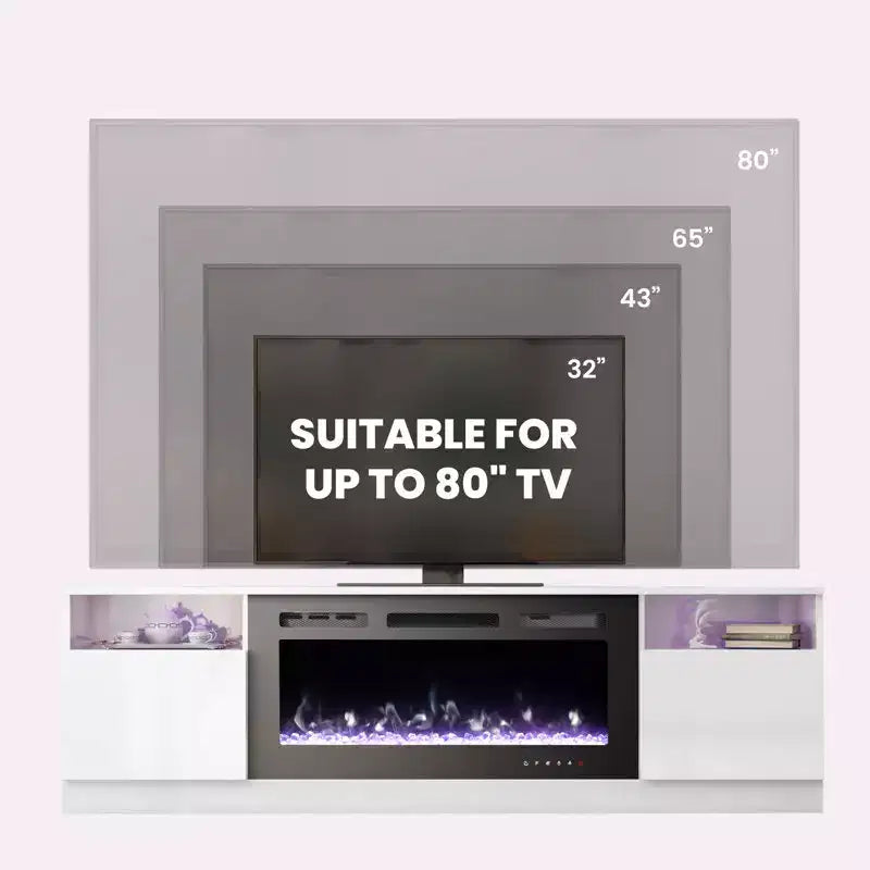 Mobile TV da 70" con caminetto elettrico e illuminazione LED a 16 colori, struttura in legno, telecomando