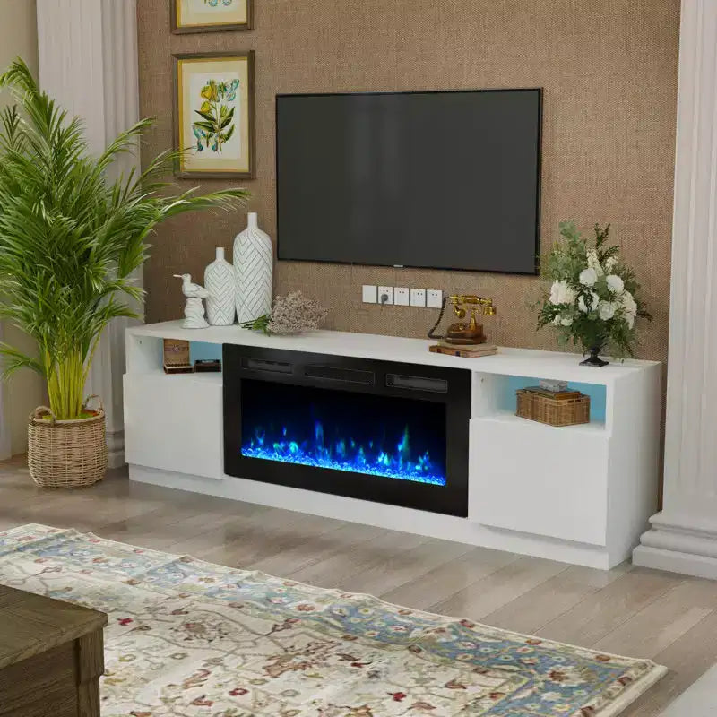 Mobile TV da 70" con caminetto elettrico e illuminazione LED a 16 colori, struttura in legno, telecomando