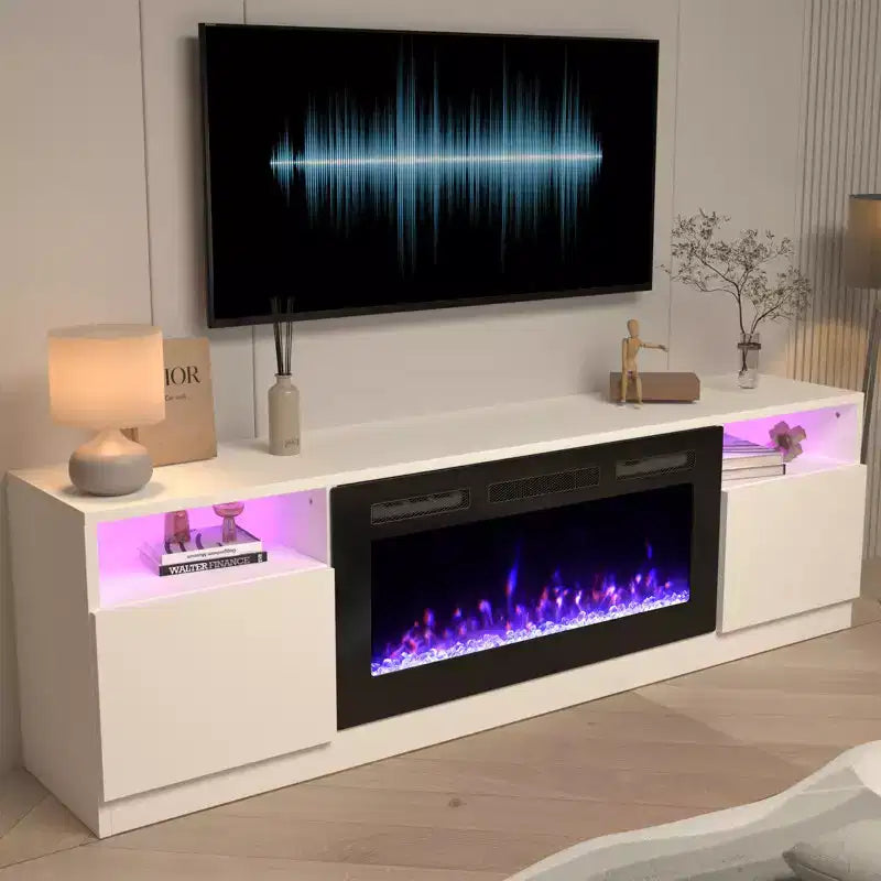 Mobile TV da 70" con caminetto elettrico e illuminazione LED a 16 colori, struttura in legno, telecomando