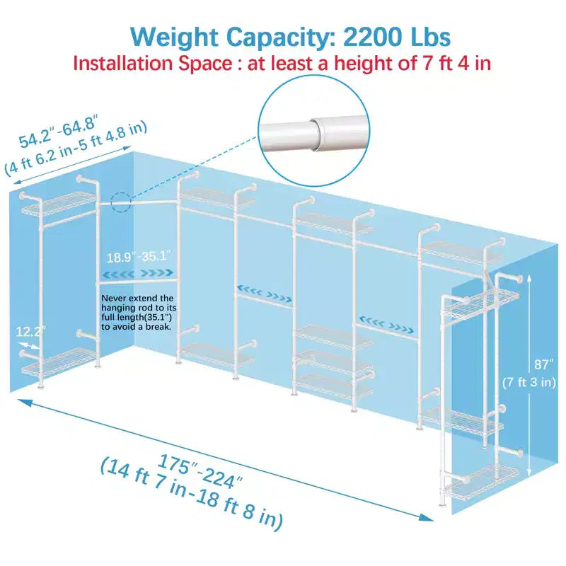 Sistema appendiabiti a muro espandibile a U, resistente, 12 ripiani, capacità 998 kg
