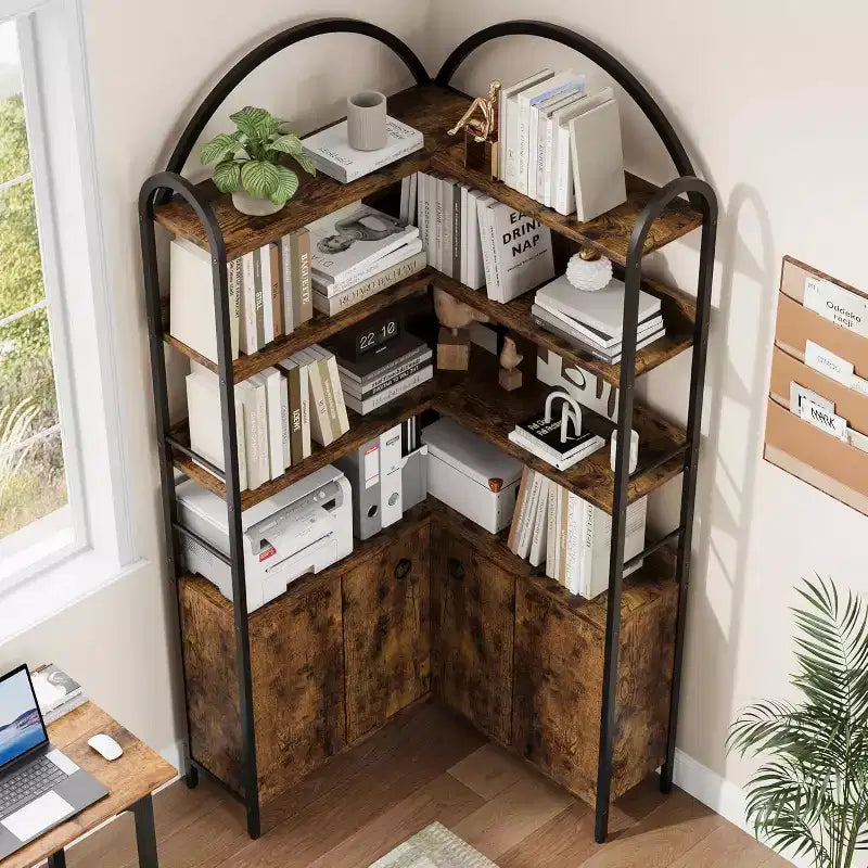 Libreria angolare a 6 ripiani 74H Libreria a L con ante e armadietto Portaoggetti per soggiorno e ufficio