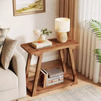 Tavolino da salotto Lantine a 2 ripiani in legno massello, tavolino stretto rettangolare in stile rustico con base trapezoidale per soggiorno, facile da montare