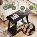 Tavolino da salotto Lantine a 2 ripiani in legno massello, tavolino stretto rettangolare in stile rustico con base trapezoidale per soggiorno, facile da montare