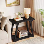Tavolino da salotto Lantine a 2 ripiani in legno massello, tavolino stretto rettangolare in stile rustico con base trapezoidale per soggiorno, facile da montare