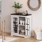 Madia Moderna Multifunzionale con Anta in Vetro con Design a Croce, Presa Elettrica Integrata, Credenza Contenitore per Soggiorno o Sala da Pranzo