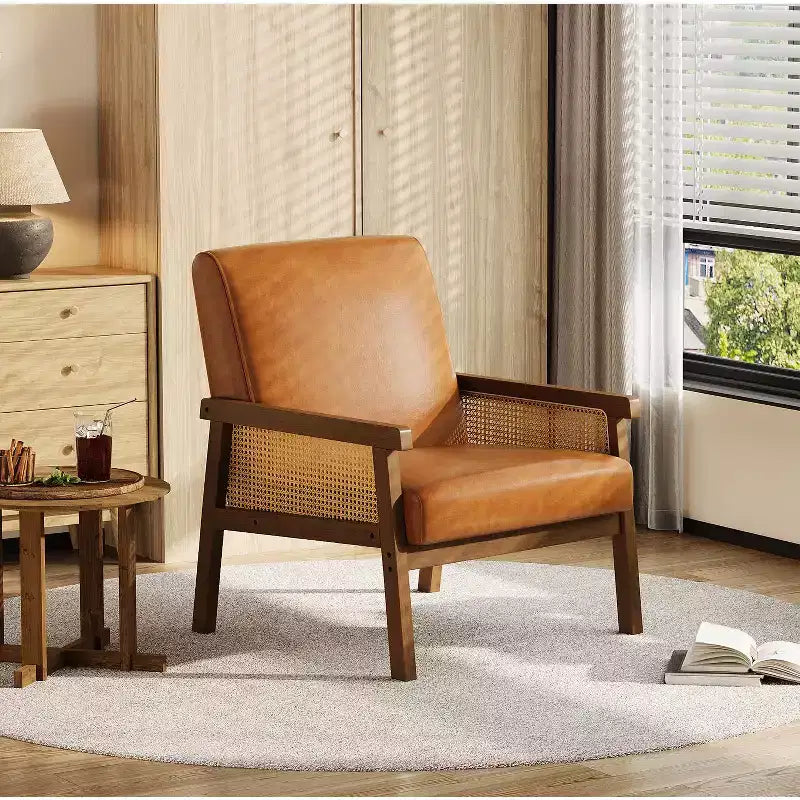 Poltrona moderna con schienale alto e struttura in legno con capacità di 136 kg - Poltrona imbottita in rattan o pelle PU per soggiorno