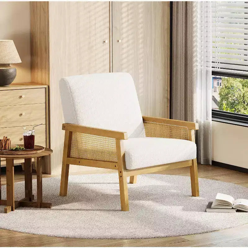 Poltrona moderna con schienale alto e struttura in legno con capacità di 136 kg - Poltrona imbottita in rattan o pelle PU per soggiorno