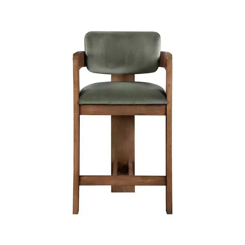 Sgabello da bar da banco in velluto Art Déco con braccioli, verde, in legno massello di caucciù, portata 136 kg