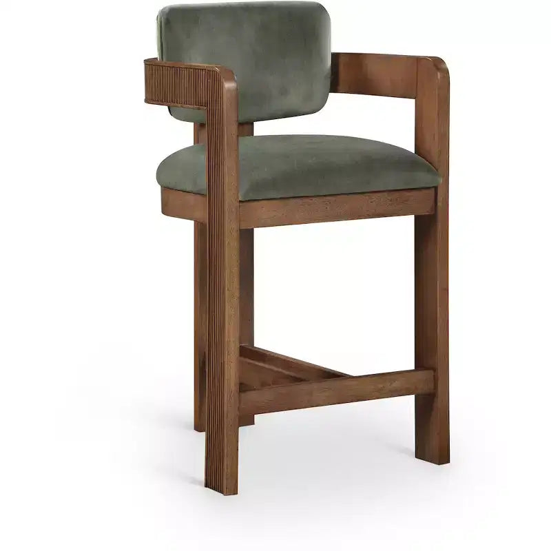 Sgabello da bar da banco in velluto Art Déco con braccioli, verde, in legno massello di caucciù, portata 136 kg