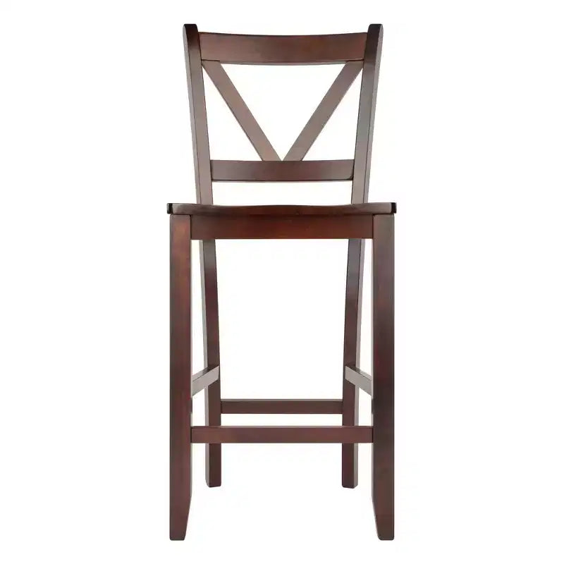 Set di 2 sgabelli da bar con schienale a V, altezza bancone, in noce, legno massello, altezza seduta 61 cm