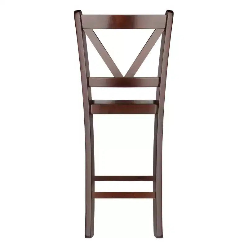 Set di 2 sgabelli da bar con schienale a V, altezza bancone, in noce, legno massello, altezza seduta 61 cm