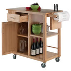 Carrello da cucina mobile in legno naturale con armadietto, ripiani, cassetto e portasciugamani