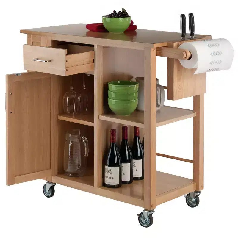 Carrello da cucina mobile in legno naturale con armadietto, ripiani, cassetto e portasciugamani