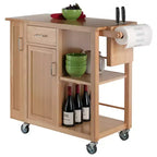 Carrello da cucina mobile in legno naturale con armadietto, ripiani, cassetto e portasciugamani