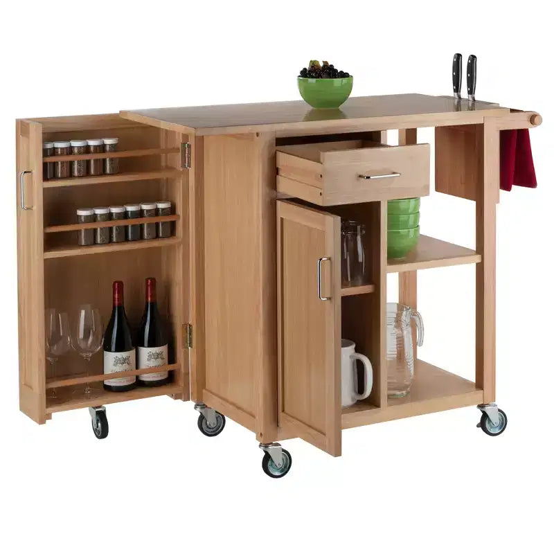 Carrello da cucina mobile in legno naturale con armadietto, ripiani, cassetto e portasciugamani