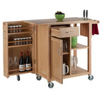 Carrello da cucina mobile in legno naturale con armadietto, ripiani, cassetto e portasciugamani