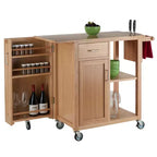 Carrello da cucina mobile in legno naturale con armadietto, ripiani, cassetto e portasciugamani