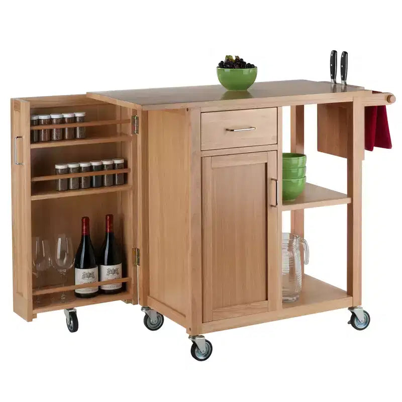 Carrello da cucina mobile in legno naturale con armadietto, ripiani, cassetto e portasciugamani