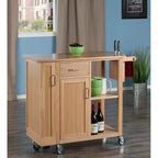 Carrello da cucina mobile in legno naturale con armadietto, ripiani, cassetto e portasciugamani